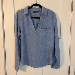 New York &Co Blue Linen Blend Button Back Tunic Top Roll Tab Sleeve Quiet Luxury